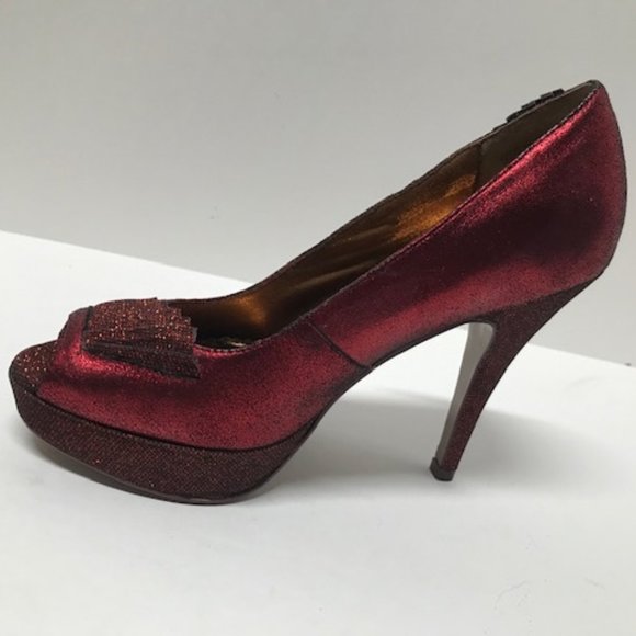 Poetic Licence London “Egyptian Princess” Red Metallic Peep Toe Pumps - Picture 5 of 16